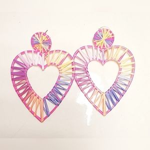 Amrita Singh rainbow raffia heart hoop pierced dangle earrings, eclectic, boho